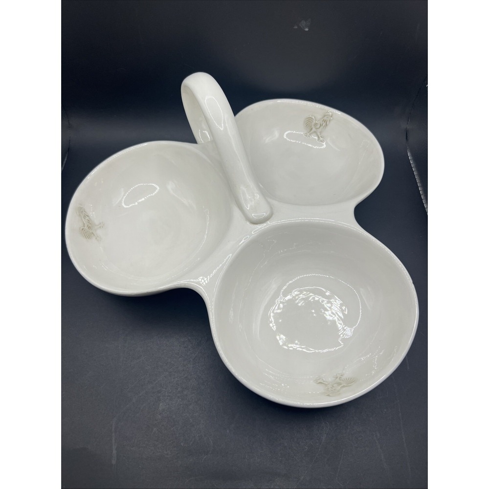I Godinger Co Provence White Rooster 3 Section Divided Serving Dish Handled Tray